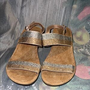 Embellished Tan Suede Women’s Sandals with Metallic Straps